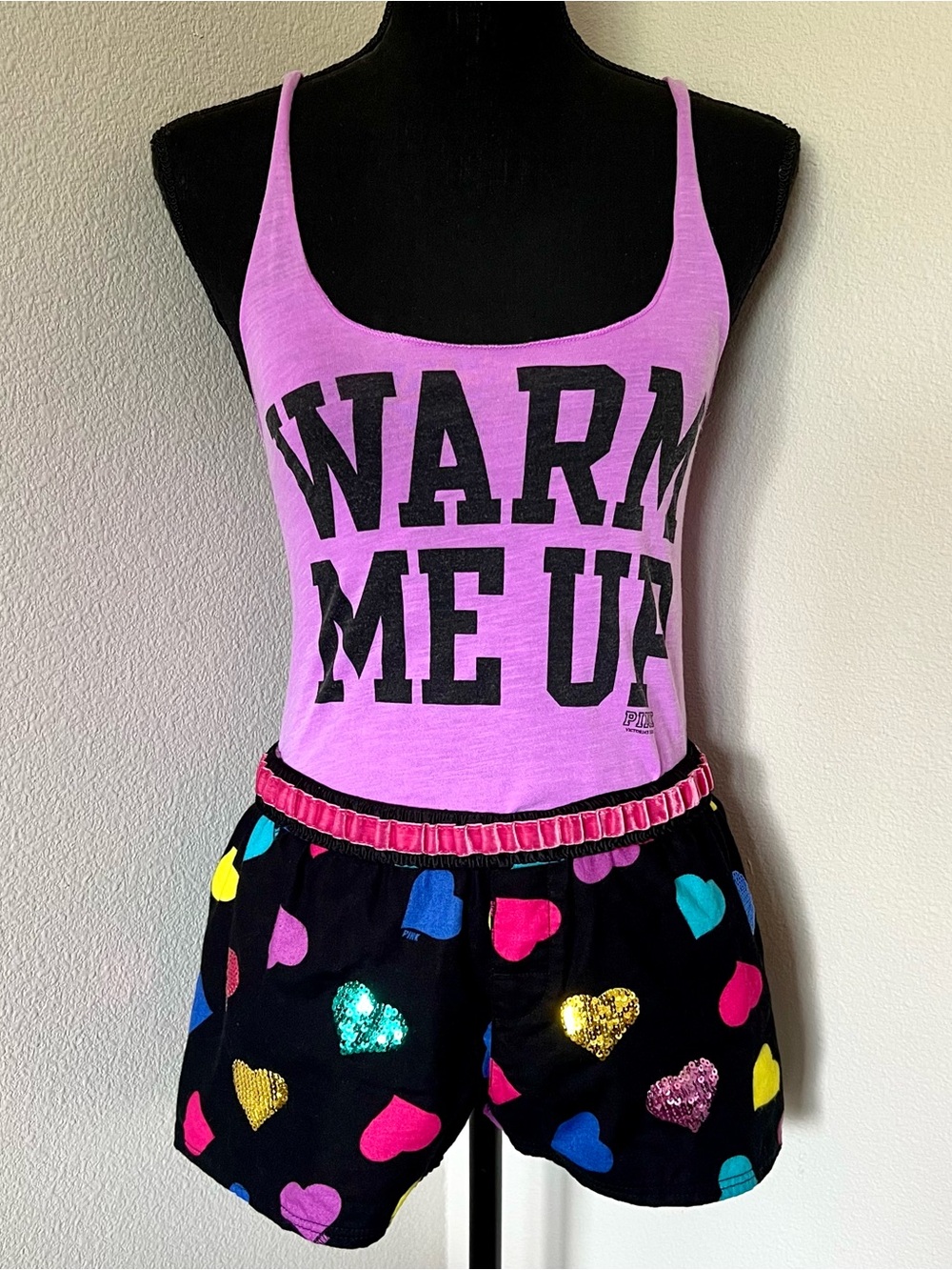 RARE EXC • VS PINK “Warm Me Up” Tank & Sequin Heart Shorts Sleep Set •